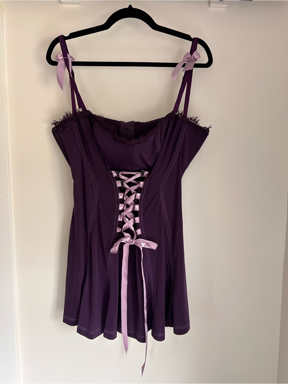 Purple Lace-Up Satin Slip Dress with Ribbon